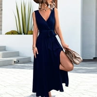 Ženska ljetna casual puna boja V-izrez bez rukava bez rukava, haljina, tamno plava s