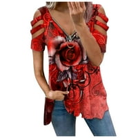 Bazyrey ženski V-izrez vrhovi Casual cvjetni pola Zip ženski kratki rukav labave tunike majice Crvena
