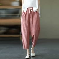 ženske pantalone od čvrstog pamuka i Lana džepni elastični struk labave pantalone pantalone Pink + M