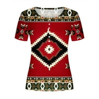 Bluze za žene retro etničke ležerne ljetne tiskane majice kratkih rukava okrugli vrat labavi vrhovi, crveni,