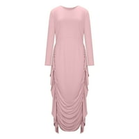 Odieerbi haljine za ženske haljine Ležerne prilike pune okrugli vrat Nepravilni ruffle ruched dugih rukava ružičasta
