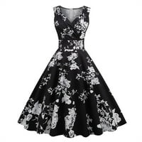 Ljetne haljine za žene trendi V-izrez labave srednje dužine štampane haljine A-kroja bez rukava Crne 2XL