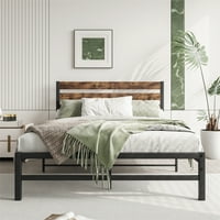 Aukfa okvir kreveta u punoj veličini, metalni krevet na platformi sa uzglavljem, rustikalno braon