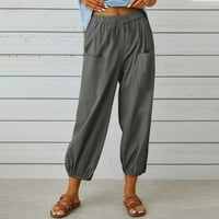 Ženske Lounge kapri pantalone Štedne pamučne i lanene pantalone sa džepovima elastično prilagođene čvrste