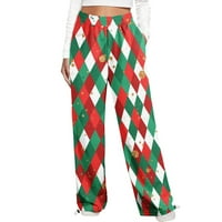 Hlače za žene Dressy Casual Božić Print elastični struk džep vezice PantsGreenS