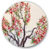 DesimanArt 'Crveno cvijeće na proljetnom cvjetovnom drvetu II' Tradicionalni krug metalna zidna umjetnost
