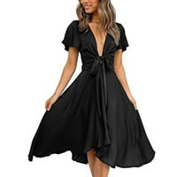 Crne haljine za žene Deep v kratki rukav V izrez ženske proljetne ljetne haljine