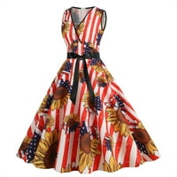 ljetne haljine za žene Ženski V-izrez bez rukava Dan nezavisnosti Print traka struka Retro Swing suknja