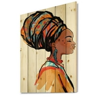 Designart 'Afro američka žena s turbanom I' moderan Print na prirodnom borovom drvetu
