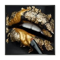 Designart 'ženske usne s crnom kožom i zlatnom folijom' moderni uramljeni platneni zidni umjetnički Print