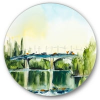 DemandArt 'Pejzaž sa Starom mostu preko rijeke na selu' Tradicionalni krug Metalna zida - Disk od 11