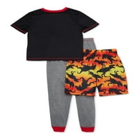 Komar Kids Boys 4- 'Sunset T-Rex' kratki rukav, duga pant s kratkim hlače, 3-komadni pidžamski set