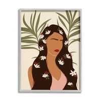 Stupell Industries žena sa tropskim cvetovima u kosi Palmi lišće Moderna slika siva uokvirena Art Print